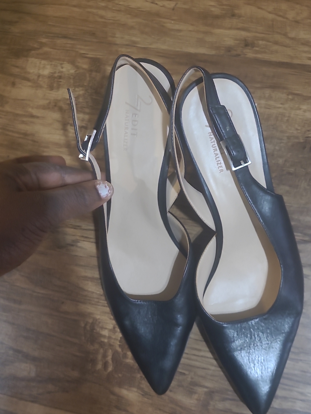 27 EDIT Black Pointed-Toe Slingback Heels with Buckle